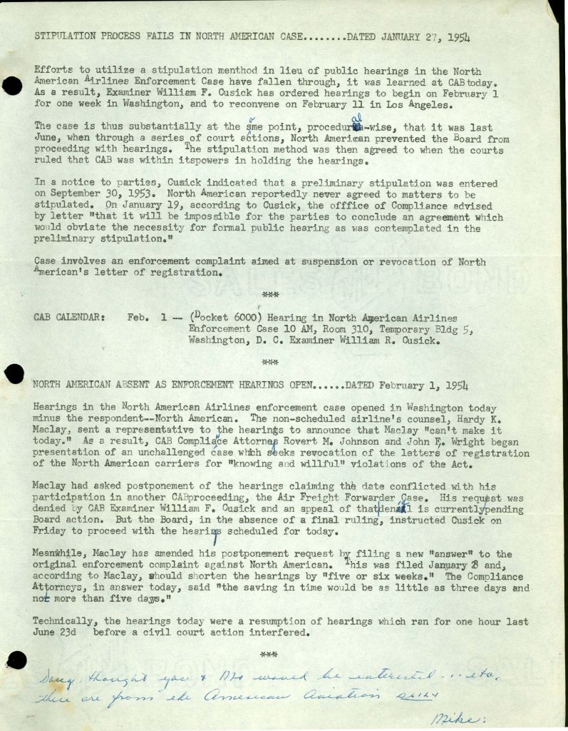 North American Airlines 1950's, Name lawsuit filed by American Airlines.  The growth of North American Airlines is a dramatic success story of the 1950's.