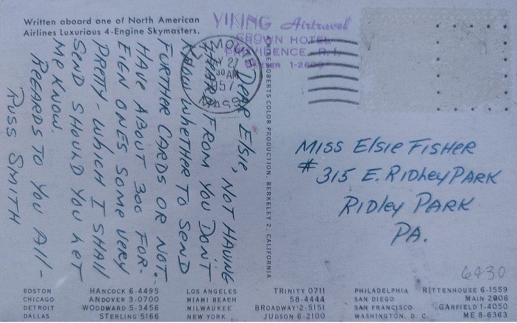 Logos & Branding, original postcard from an NAA commercial passenger, 1957